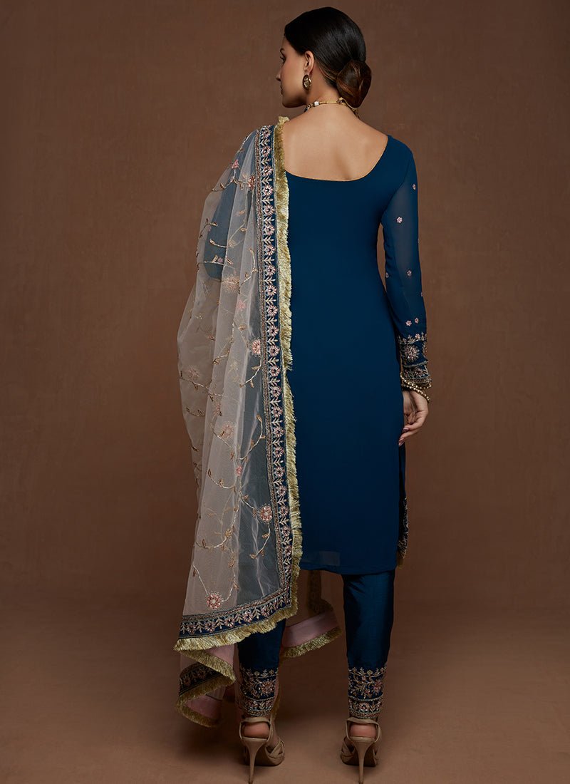 Blue and Light Pink Embroidered Straight Suit - Lashkaraa