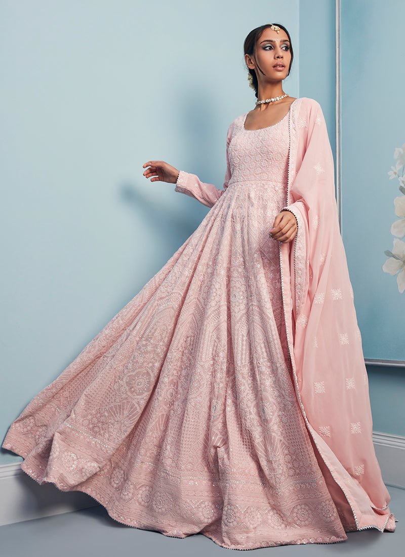 Blush Pink Thread Embroidered Anarkali - Lashkaraa