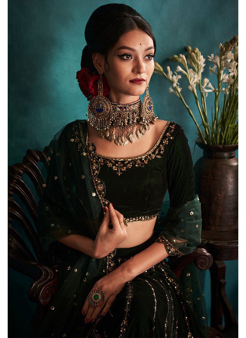 Bottle Green Embroidered Velvet Lehenga - Lashkaraa