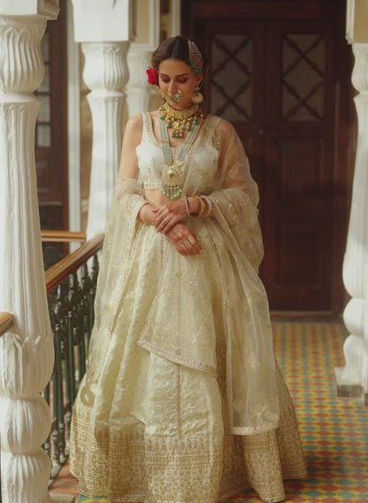 Off White Embroidered Brocade Lehenga