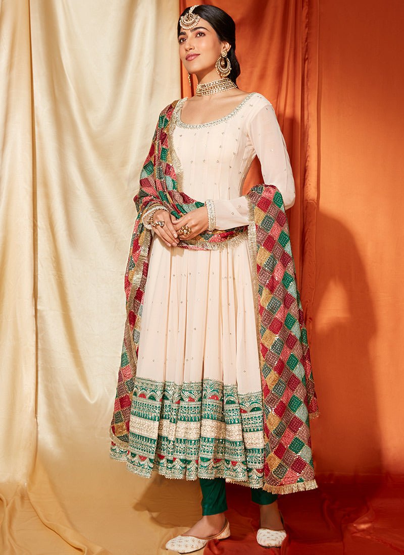 Cream Anarkali With Multicolor Phulkari Dupatta - Lashkaraa