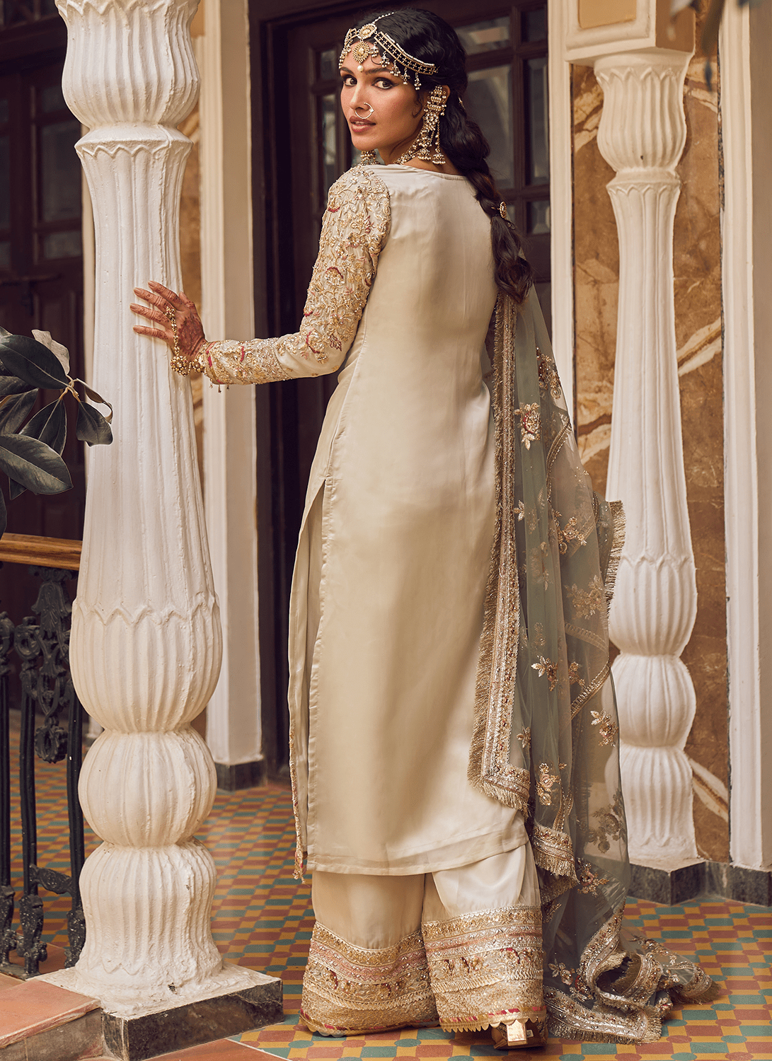 white christmas dresses Cream and Light Green Embroidered Palazzo Suit