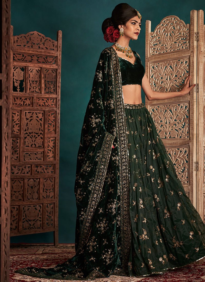 Dark Green and Gold Embroidered Velvet Lehenga - Lashkaraa