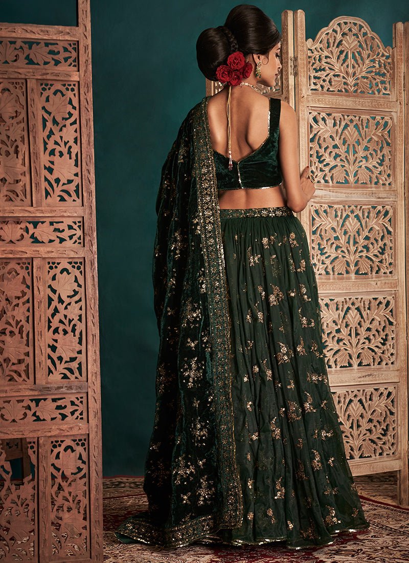 Dark Green and Gold Embroidered Velvet Lehenga - Lashkaraa