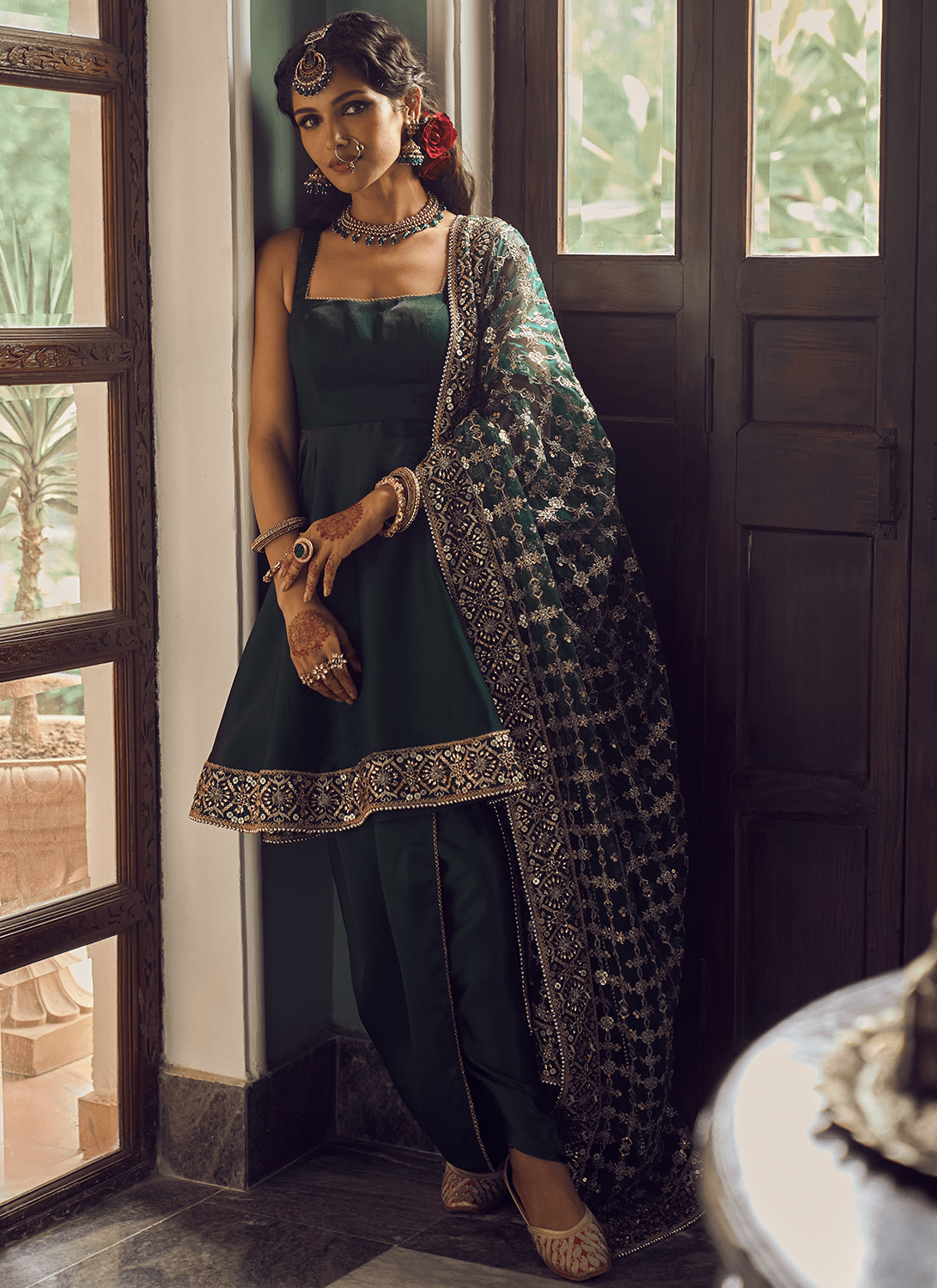 green dhoti dress Green Floral Embroidered Eyelet Dress - Maxi Dresses main image 0