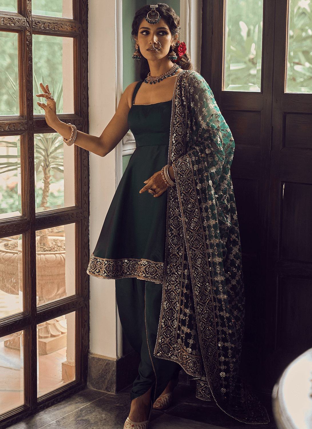 Dark Green Dhoti Style Punjabi Suit - Lashkaraa