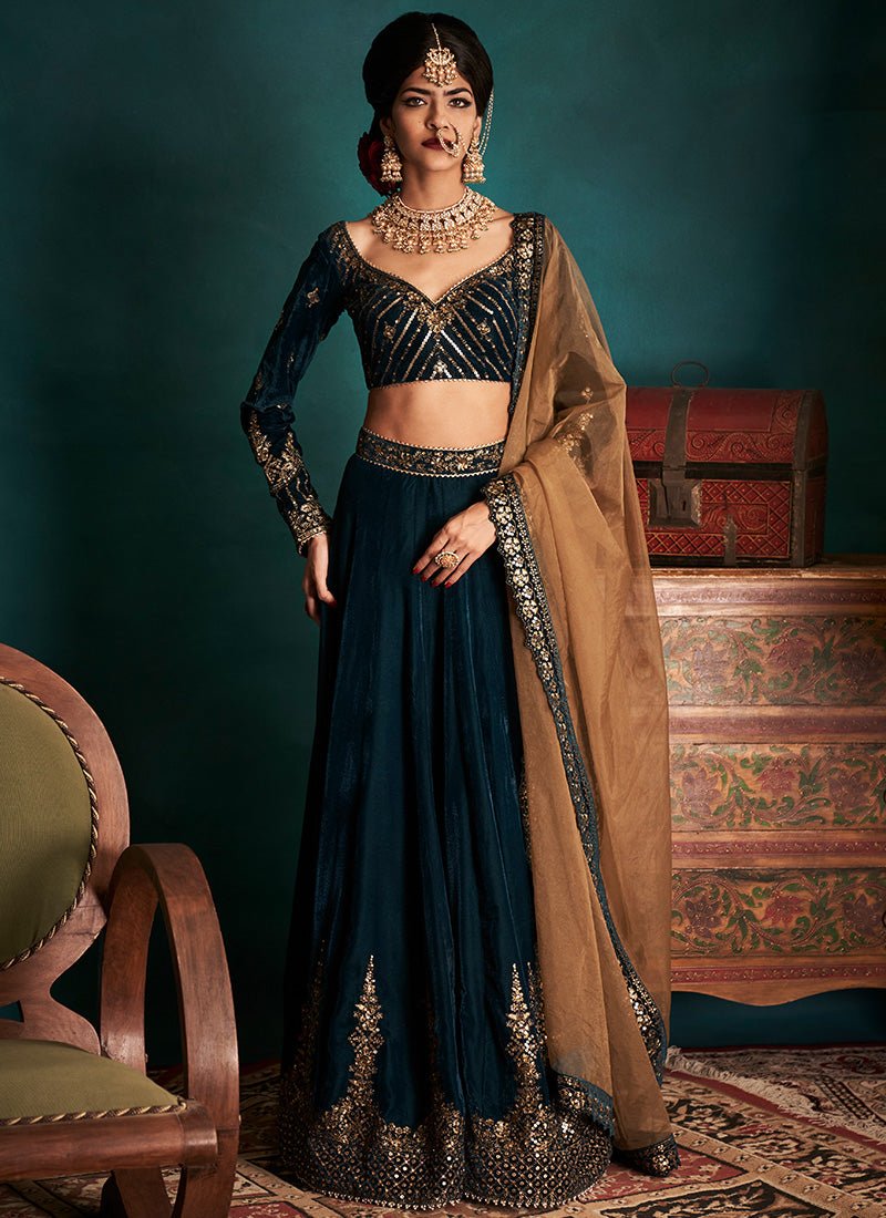 Dark Teal and Gold Embroidered Velvet Lehenga - Lashkaraa