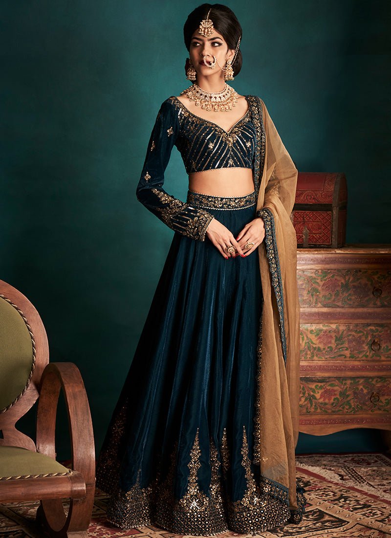 Dark Teal and Gold Embroidered Velvet Lehenga - Lashkaraa