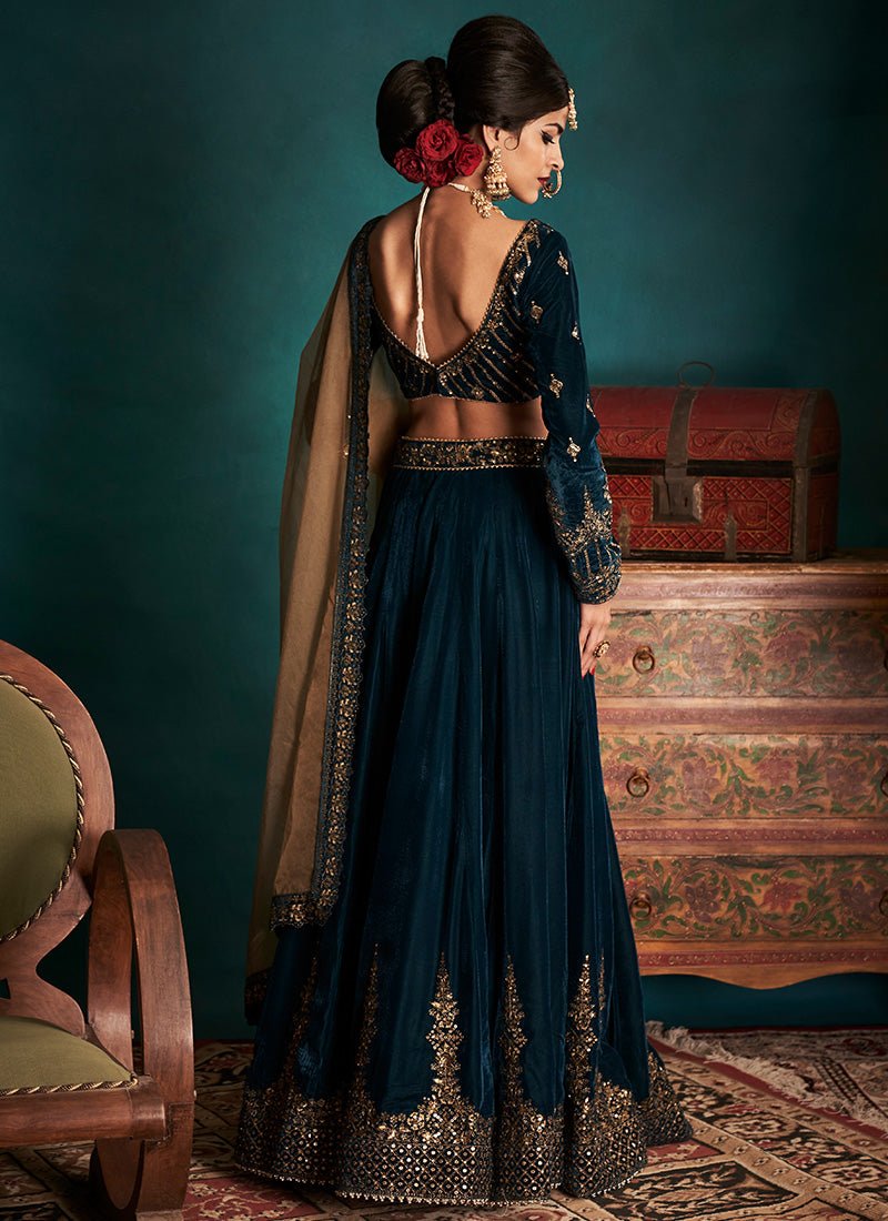 Dark Teal and Gold Embroidered Velvet Lehenga - Lashkaraa