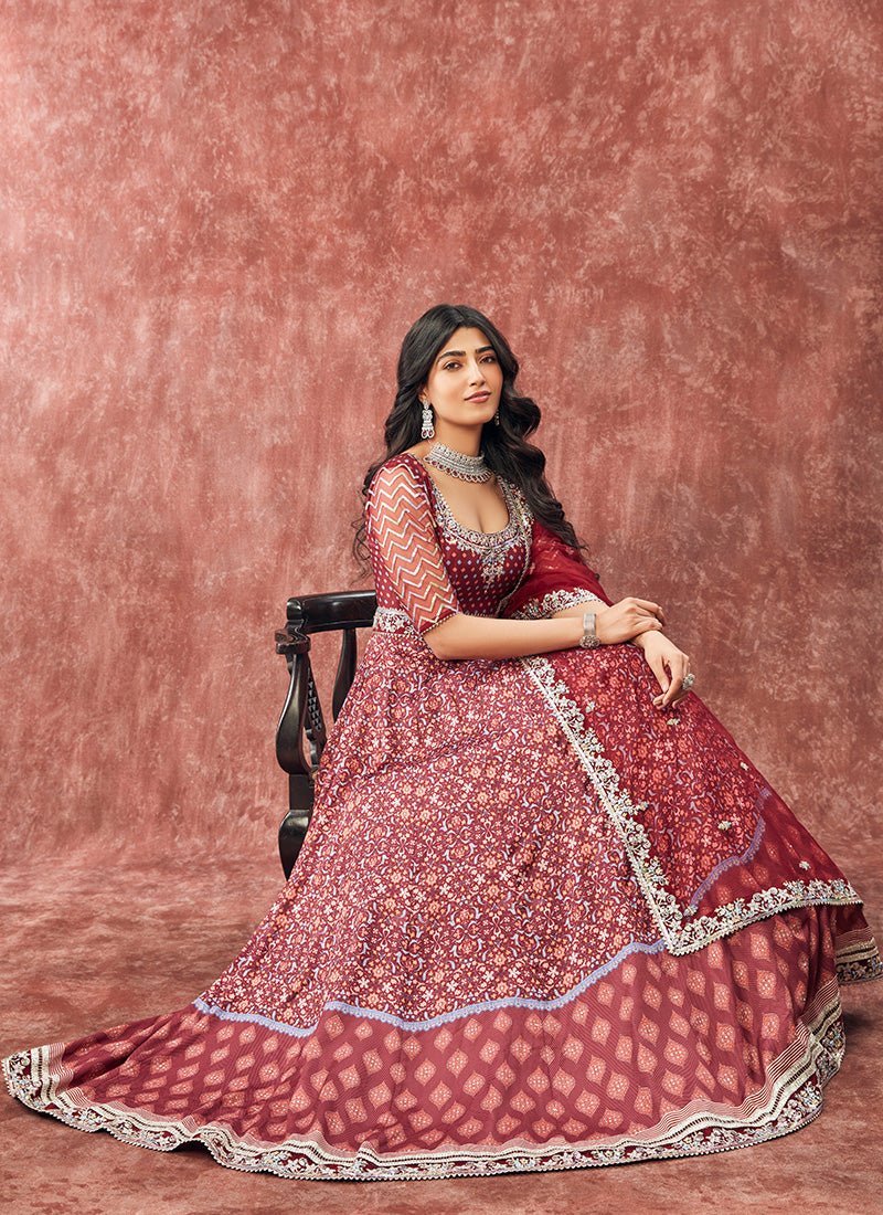 Deep Maroon Printed Satin Anarkali - Lashkaraa