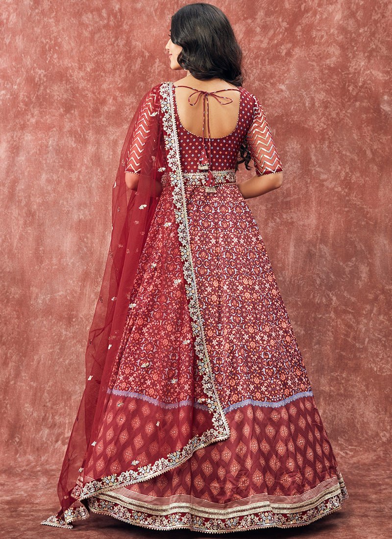 Deep Maroon Printed Satin Anarkali - Lashkaraa