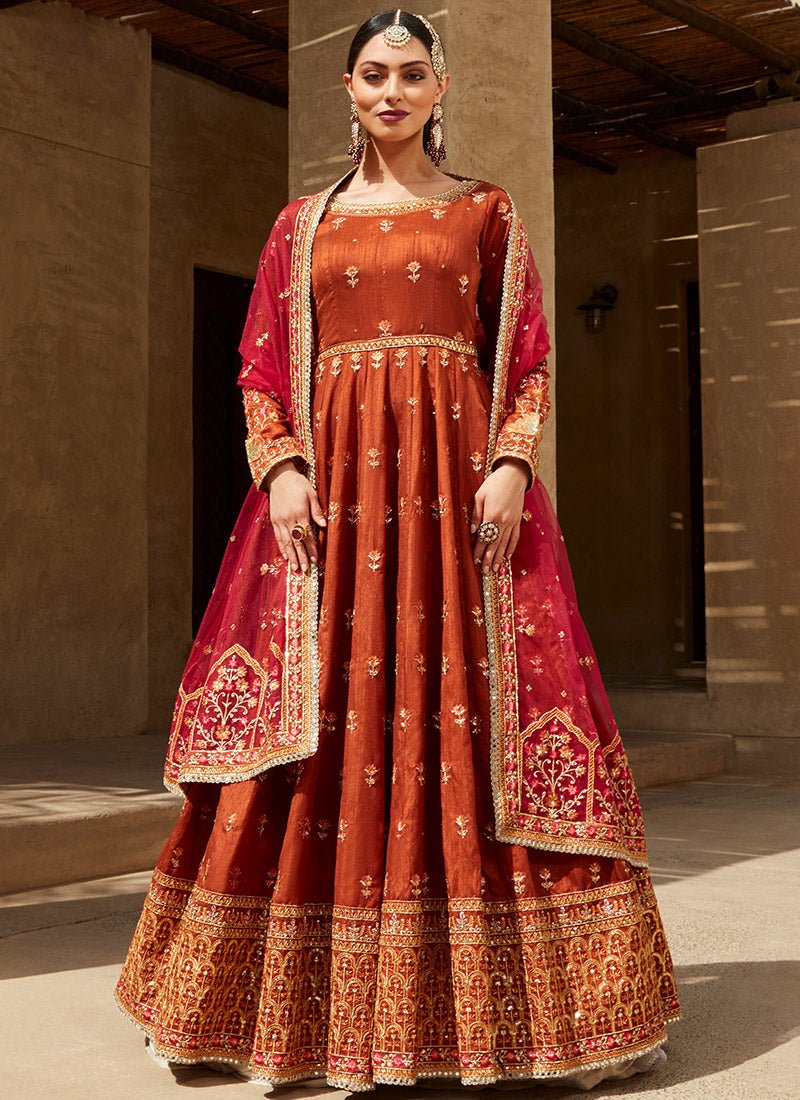 Deep Rust and Hot Pink Embroidered Anarkali - Lashkaraa