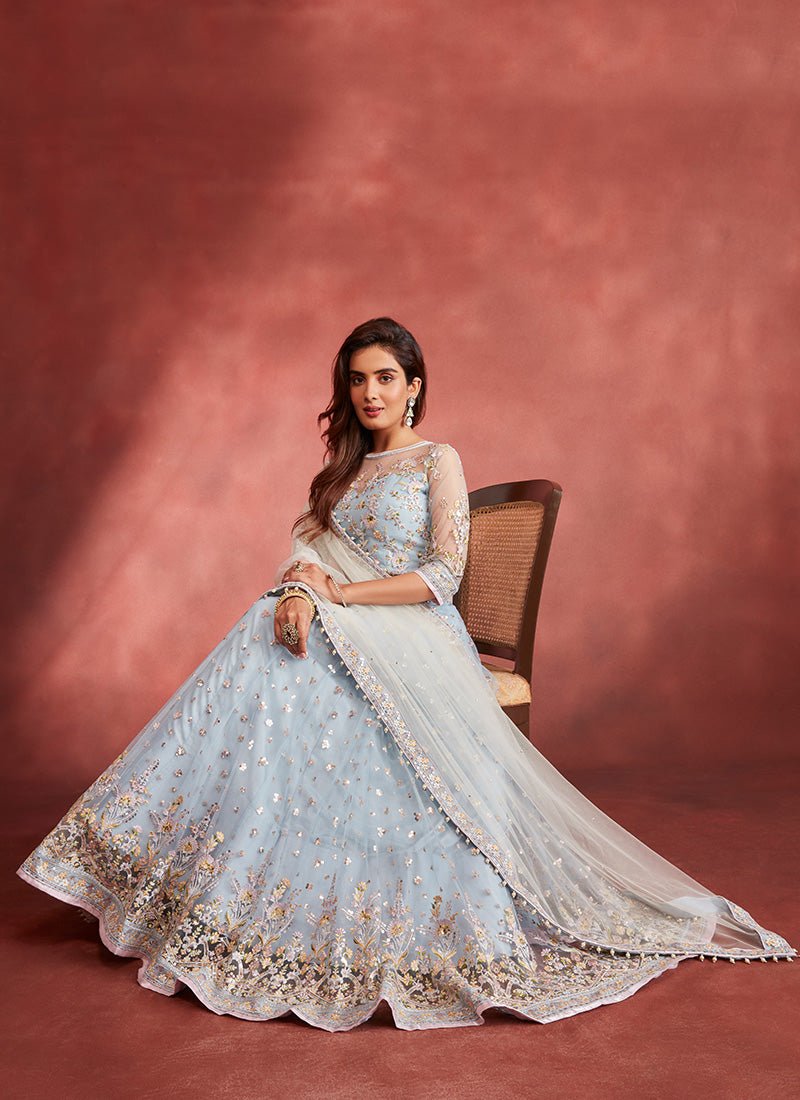 Dusty Blue Embroidered Net Lehenga L Dusty Blue Embroidered Net Lehenga L