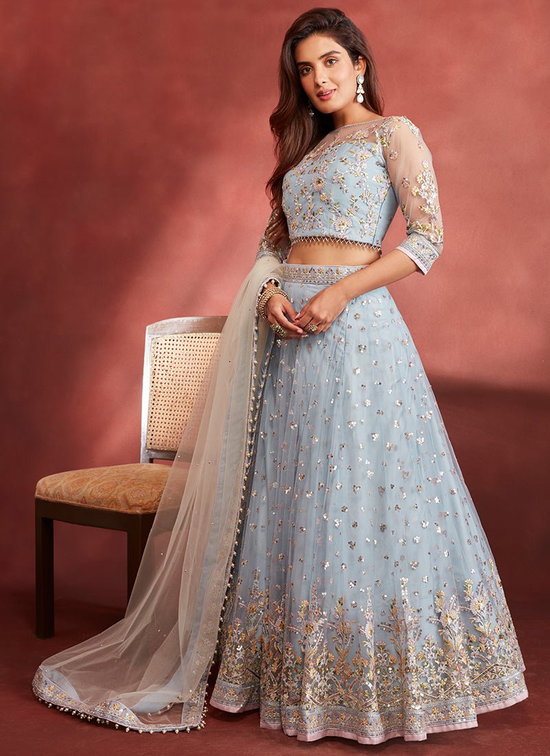 Dusty Blue Embroidered Net Lehenga - Lashkaraa