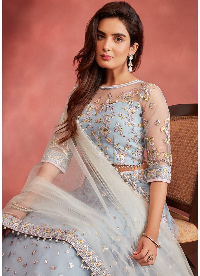 Dusty Blue Embroidered Net Lehenga - Lashkaraa