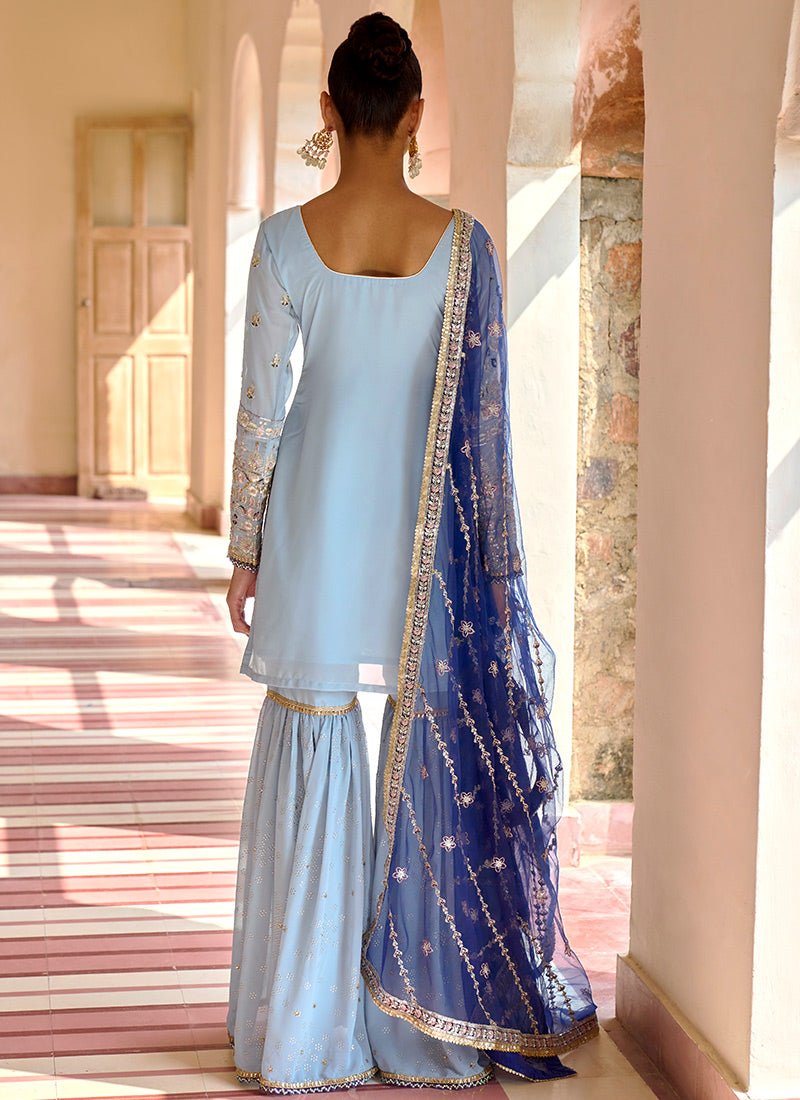 Dusty Blue Georgette Gharara Suit - Lashkaraa