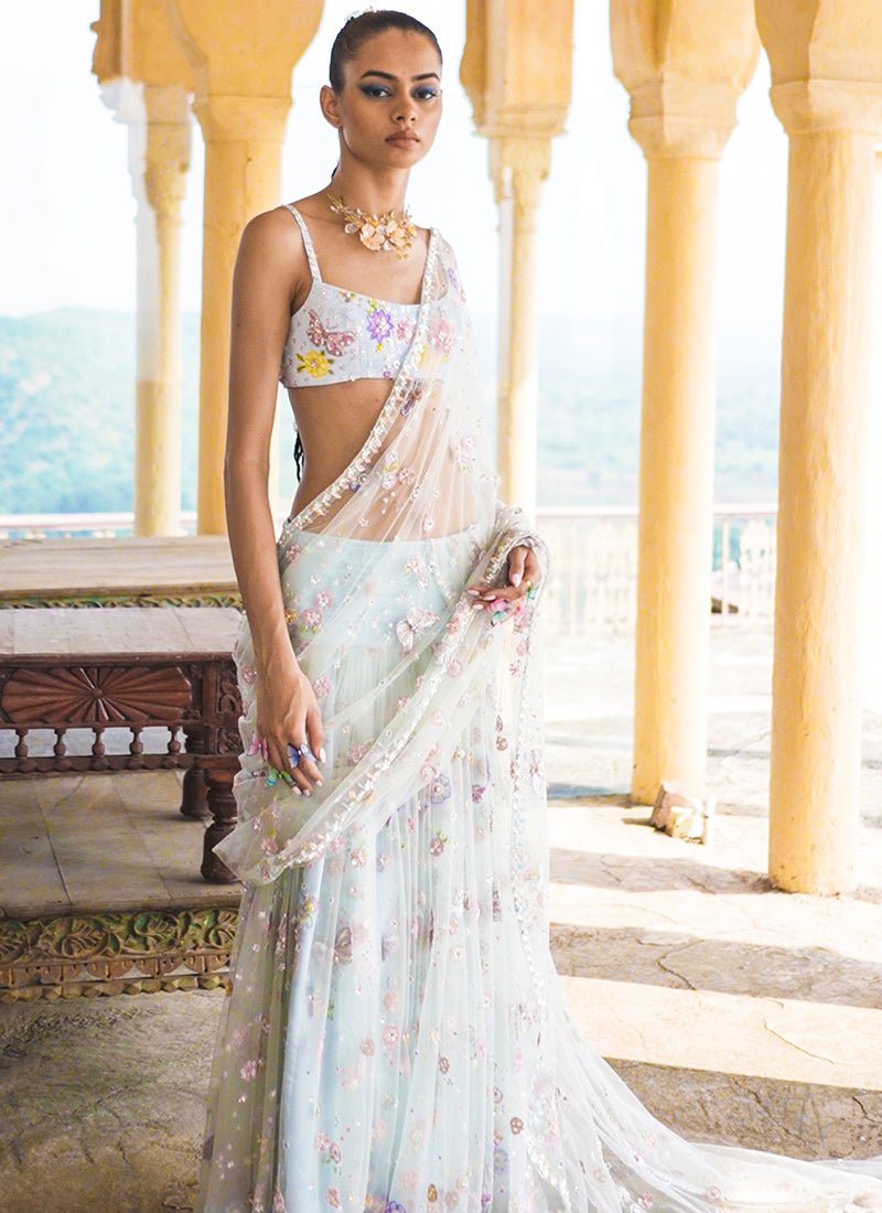 Dusty Blue Heavy Embellished Net Saree - Lashkaraa