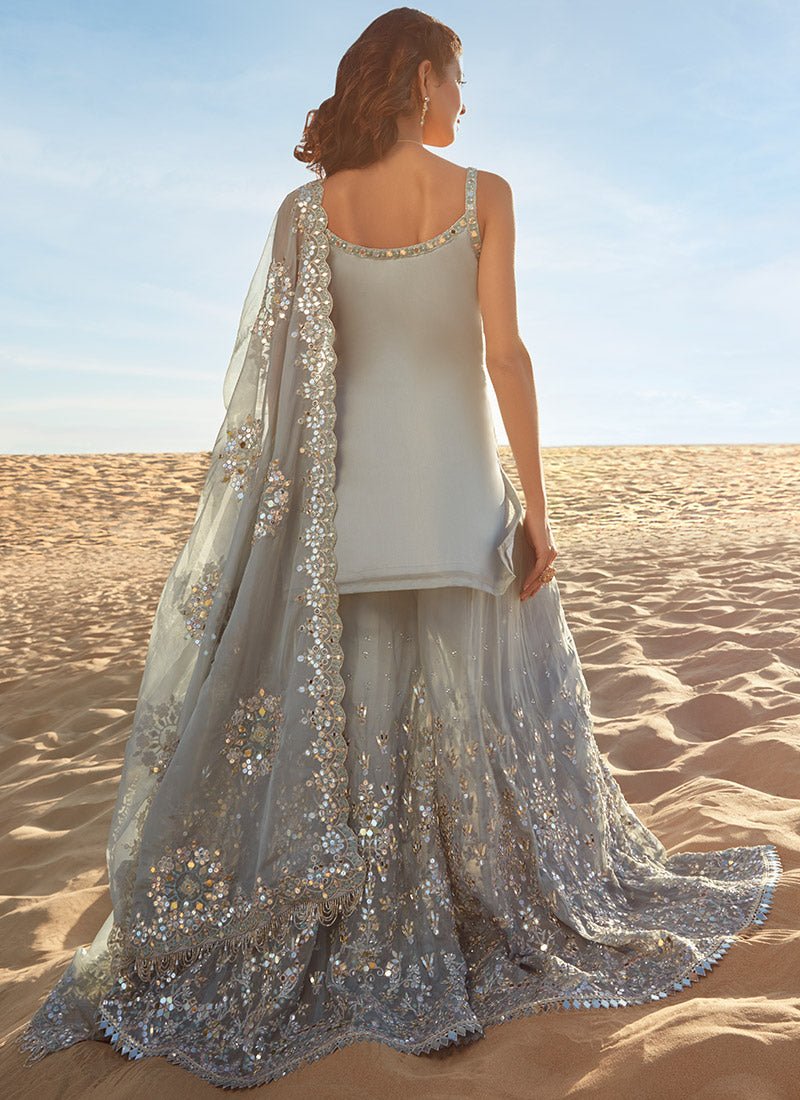 Dusty Blue Mirror Embroidered Sharara Suit - Lashkaraa