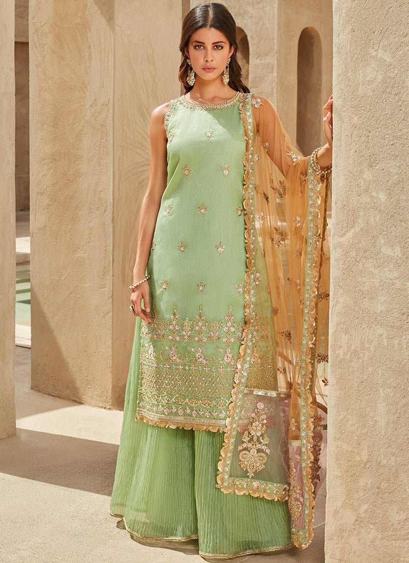 Dusty Green Embroidered Sharara Suit - Lashkaraa