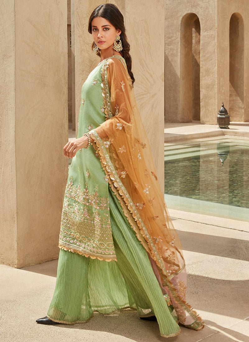 Dusty Green Embroidered Sharara Suit - Lashkaraa