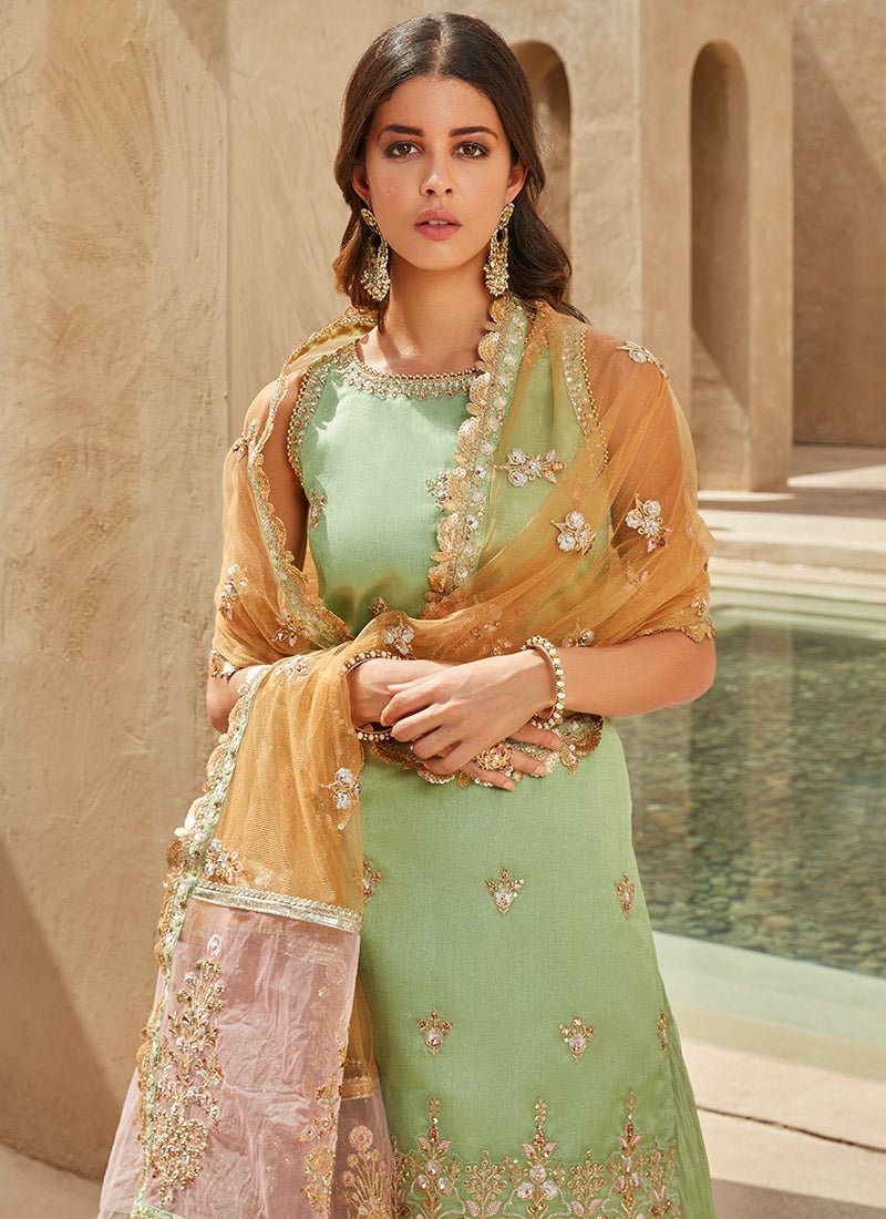 Dusty Green Embroidered Sharara Suit - Lashkaraa