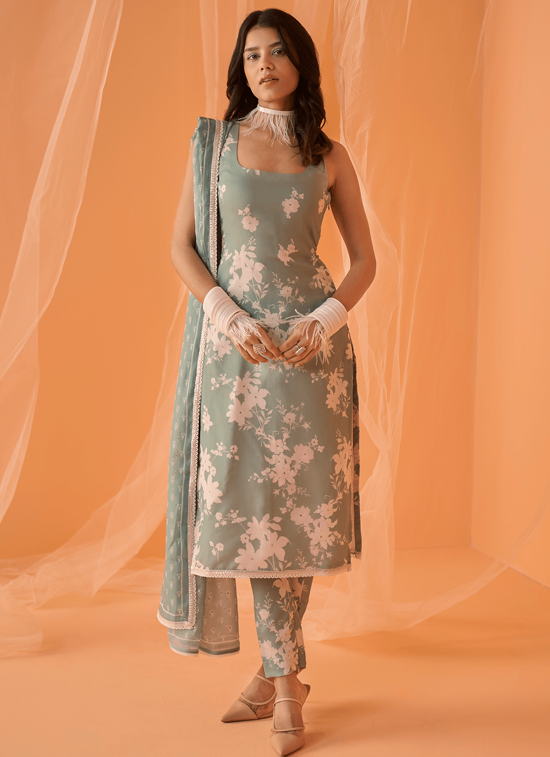 Dusty Green White Floral Printed Straight Suit - Lashkaraa