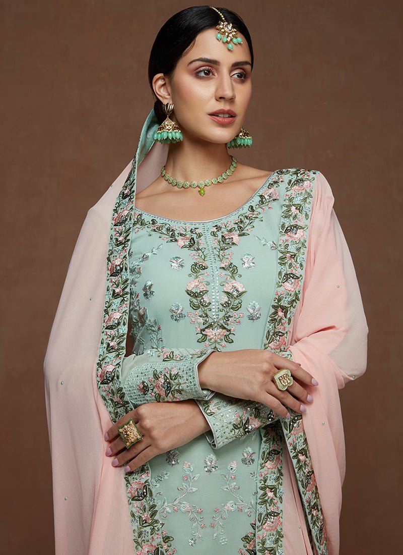 Dusty Mint and Pink Georgette Gharara Suit - Lashkaraa