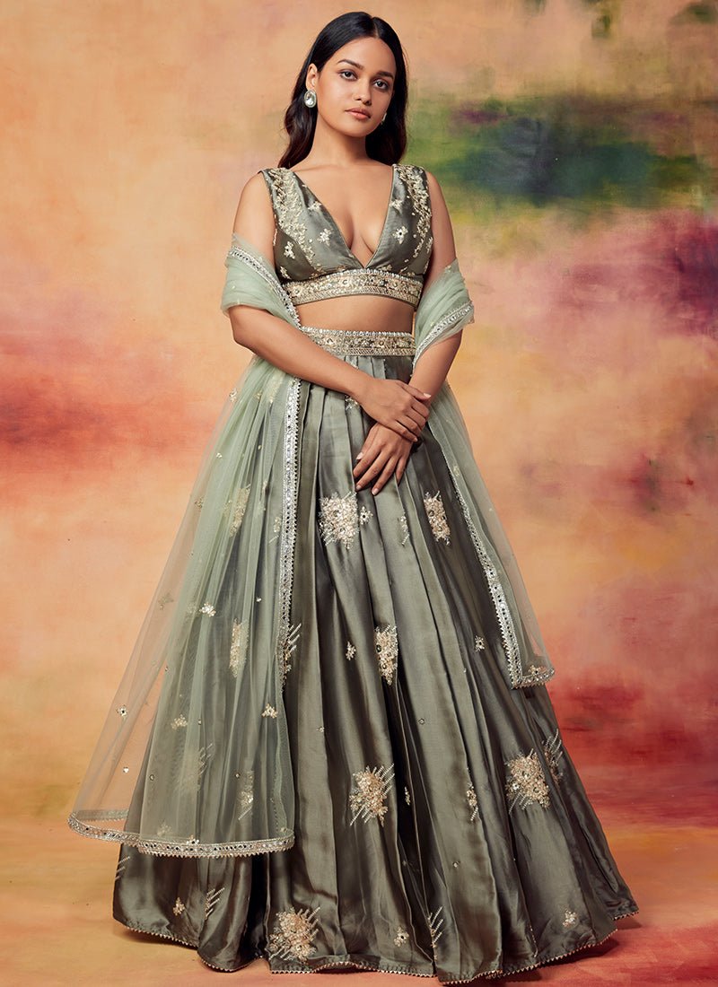 Dusty Olive Embroidered Satin Lehenga - Lashkaraa