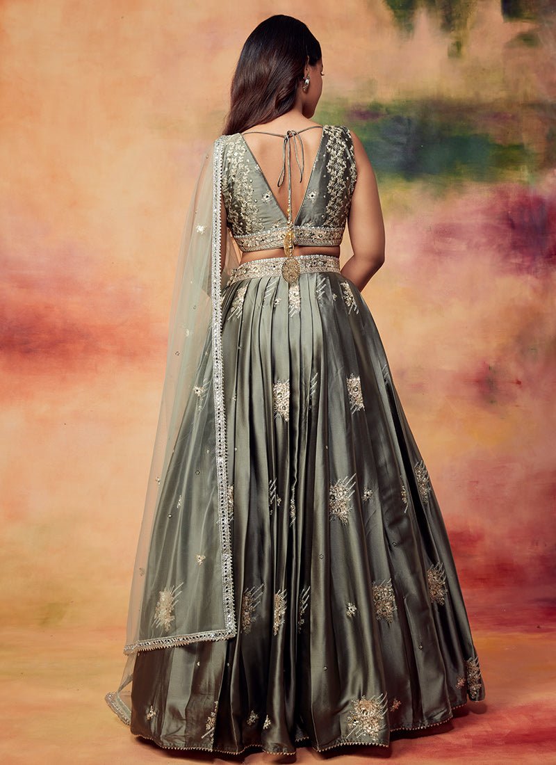 Dusty Olive Embroidered Satin Lehenga - Lashkaraa