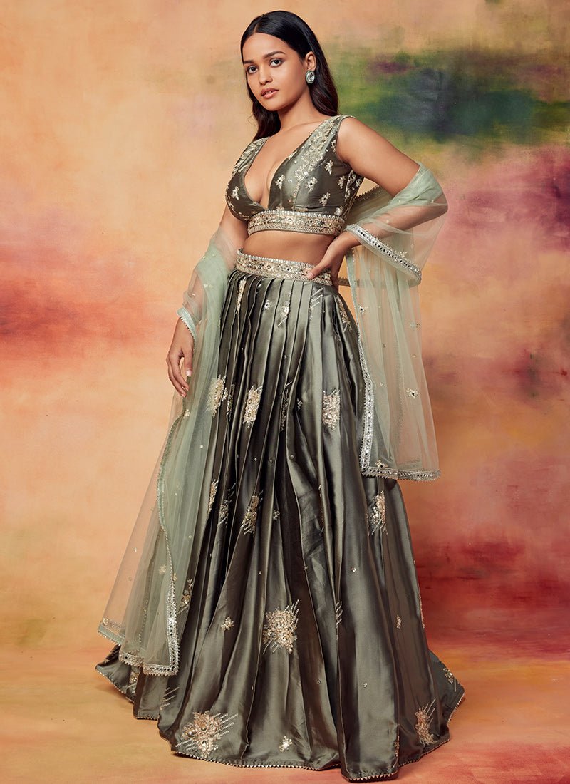 Dusty Olive Embroidered Satin Lehenga - Lashkaraa