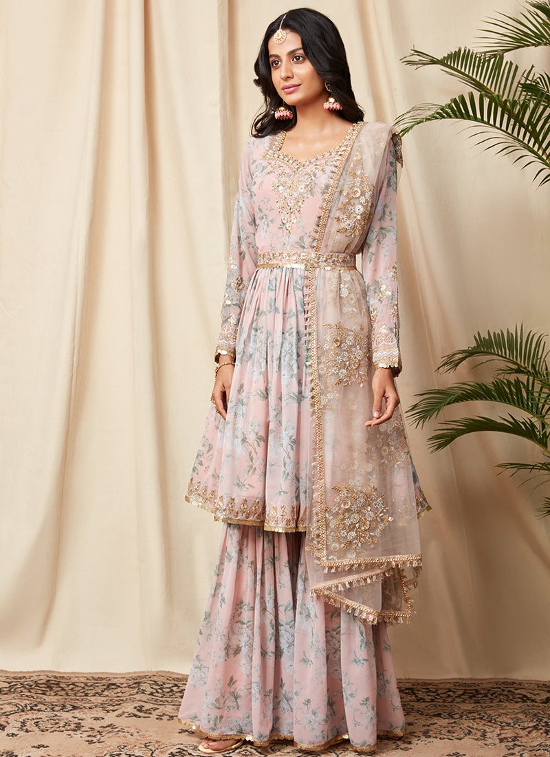 Dusty Peach Floral Georgette Gharara Suit - Lashkaraa