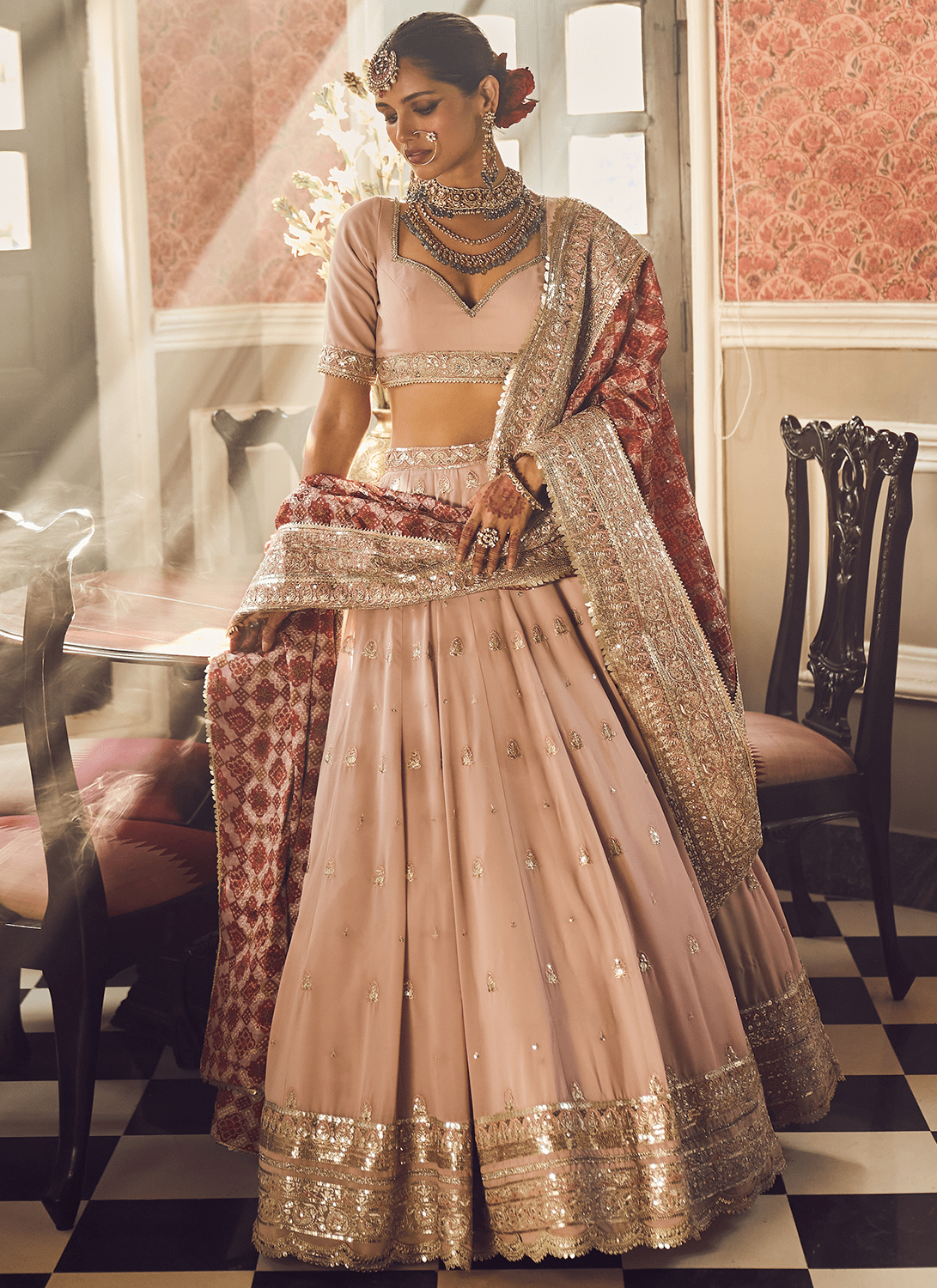 Dusty Pink and Red Embroidered Lehenga - Lashkaraa