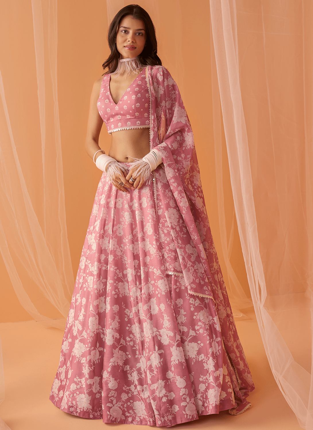 Dusty Pink White Floral Printed Lehenga - Lashkaraa