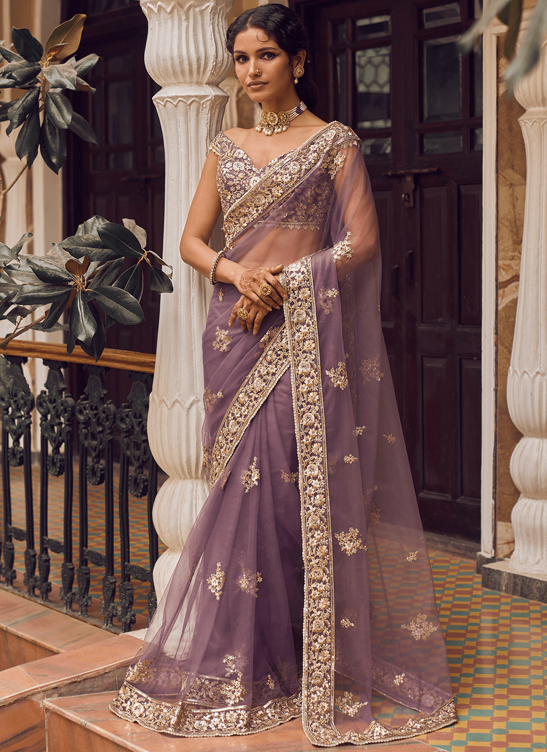 Dusty Purple Embroidered Saree - Lashkaraa