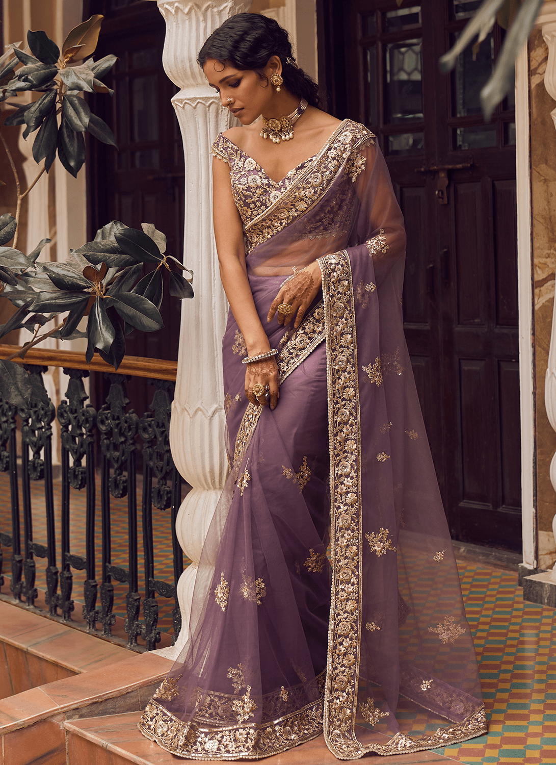 Dusty Purple Embroidered Saree - Lashkaraa