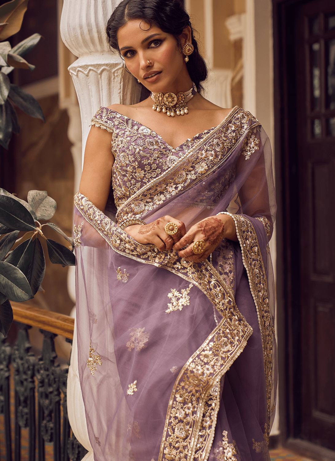 Dusty Purple Embroidered Saree - Lashkaraa