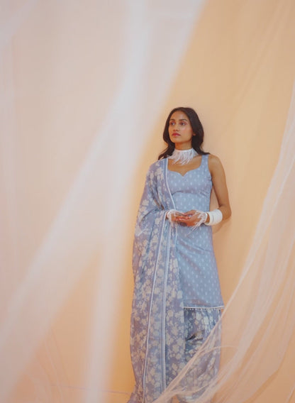Grey White Floral Printed Punjabi Suit