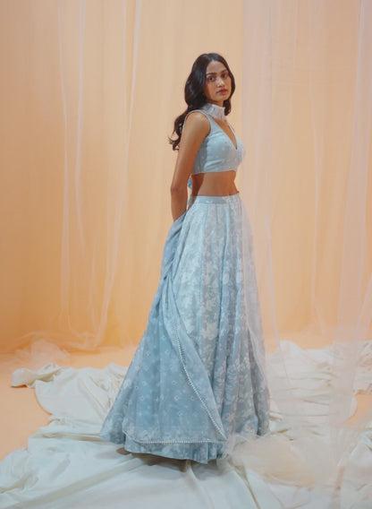 Light Grey White Floral Printed Lehenga