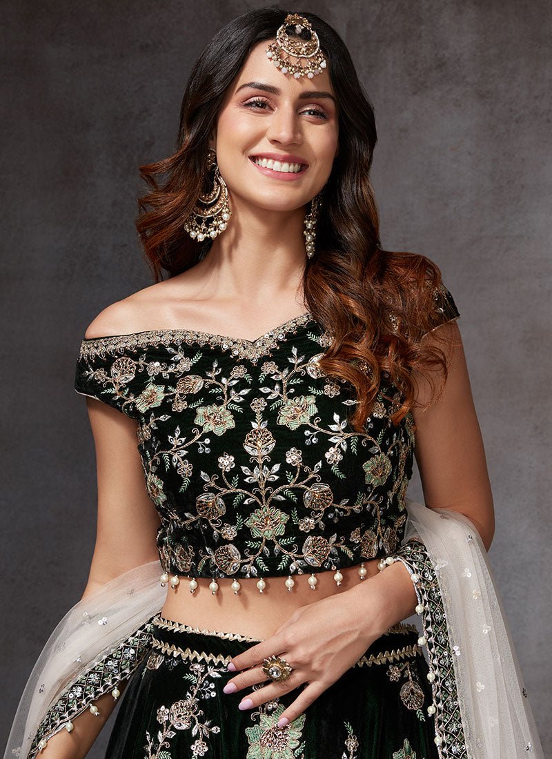 Green Heavy Embroidered Velvet Lehenga - Lashkaraa