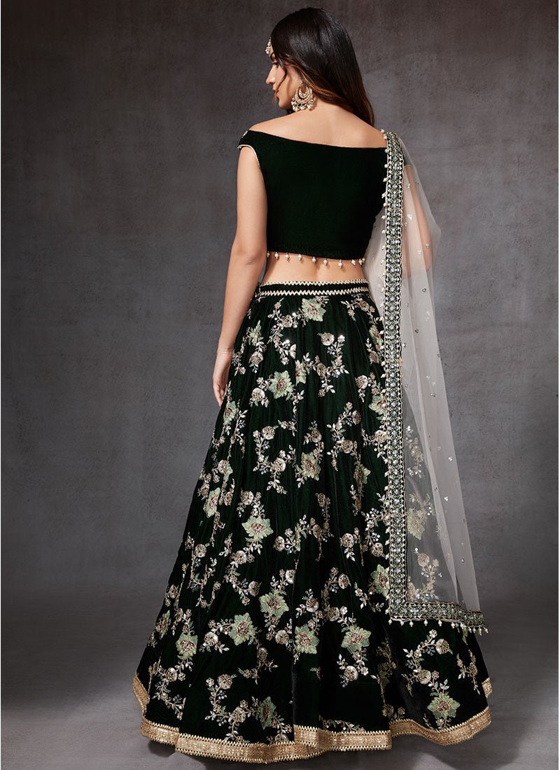 Green Heavy Embroidered Velvet Lehenga - Lashkaraa
