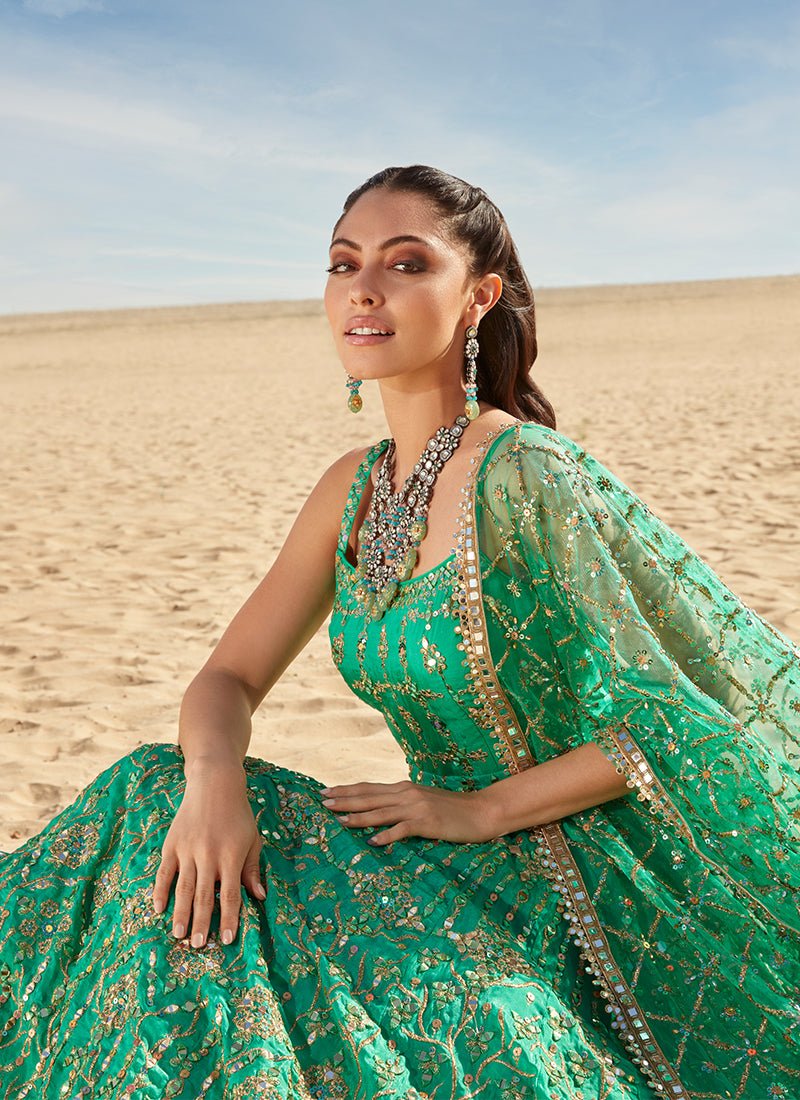 Green Mirror Embroidered Organza Anarkali - Lashkaraa