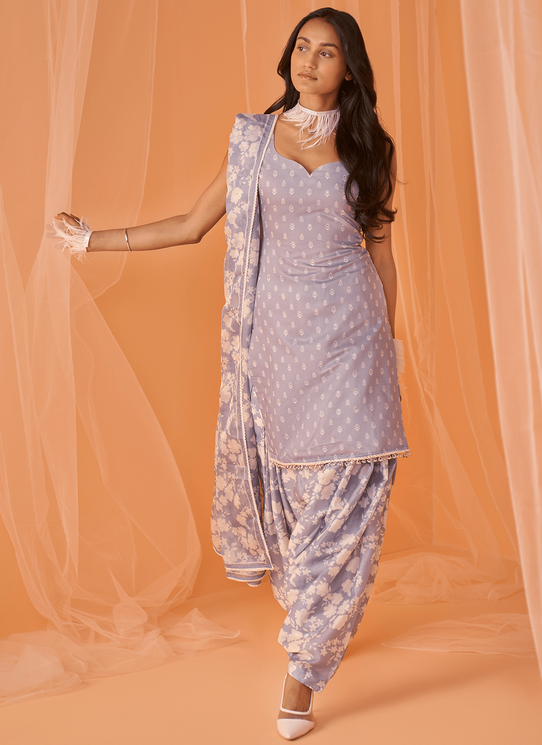Grey White Floral Printed Punjabi Suit - Lashkaraa