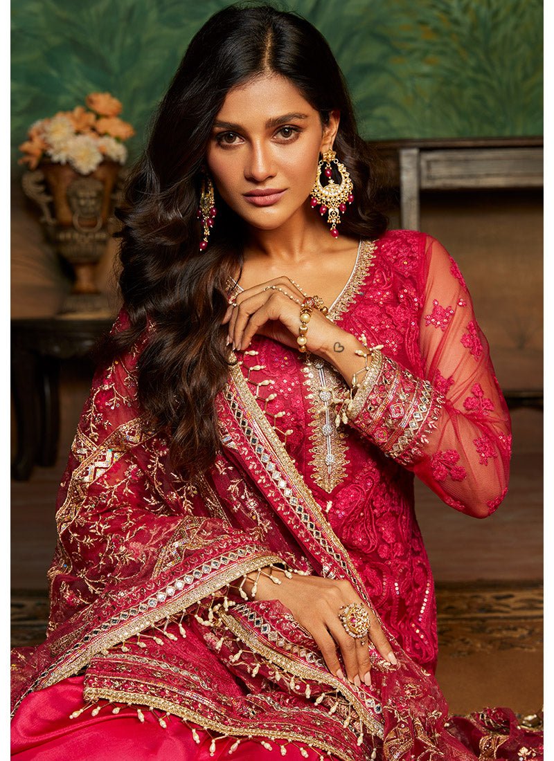 Hot Pink and Gold Embroidered Punjabi Suit - Lashkaraa