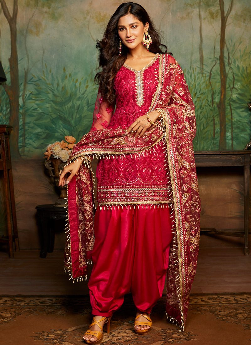 Hot Pink and Gold Embroidered Punjabi Suit - Lashkaraa