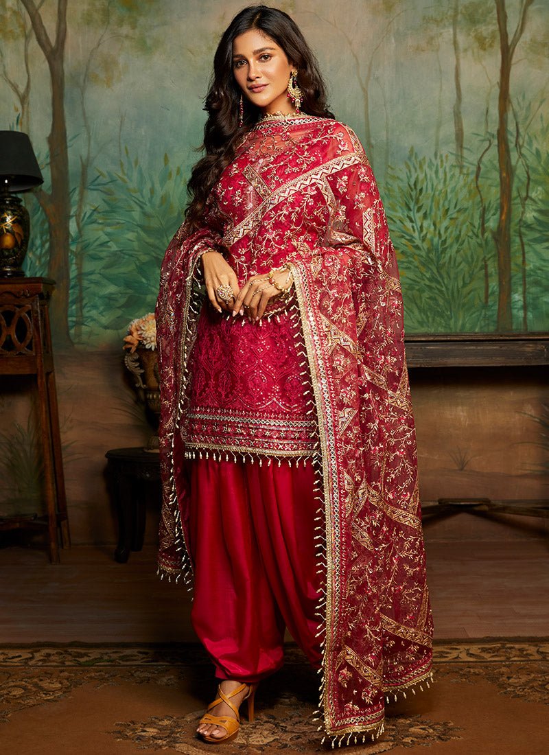 Hot Pink and Gold Embroidered Punjabi Suit - Lashkaraa