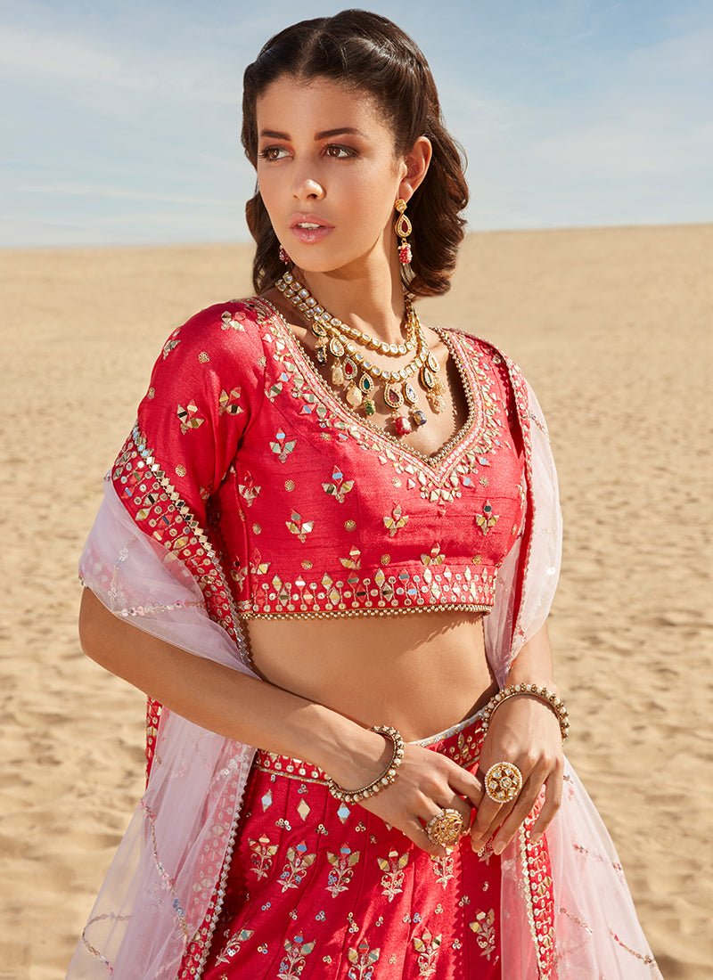 Hot Pink Mirror Embroidered Silk Lehenga - Lashkaraa