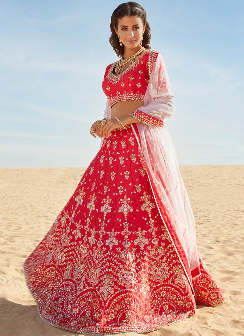 Hot Pink Mirror Embroidered Silk Lehenga - Lashkaraa