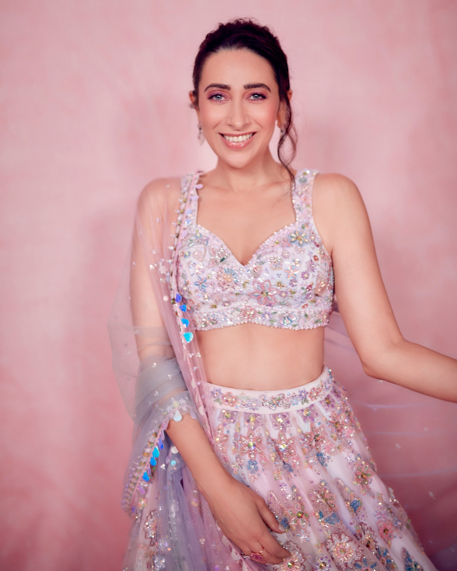 Karisma Kapoor in Ombre Pink and Blue Heavy Embellished Lehenga - Lashkaraa