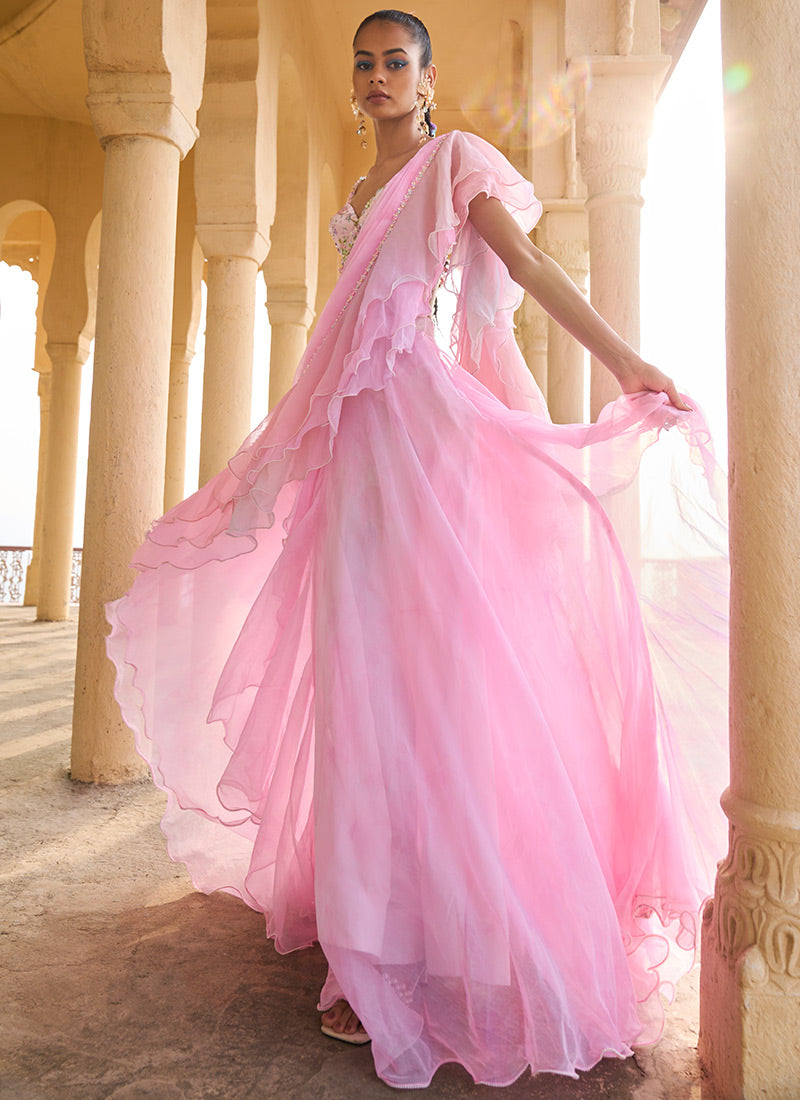 Ombre Pink Ruffled Chiffon Saree