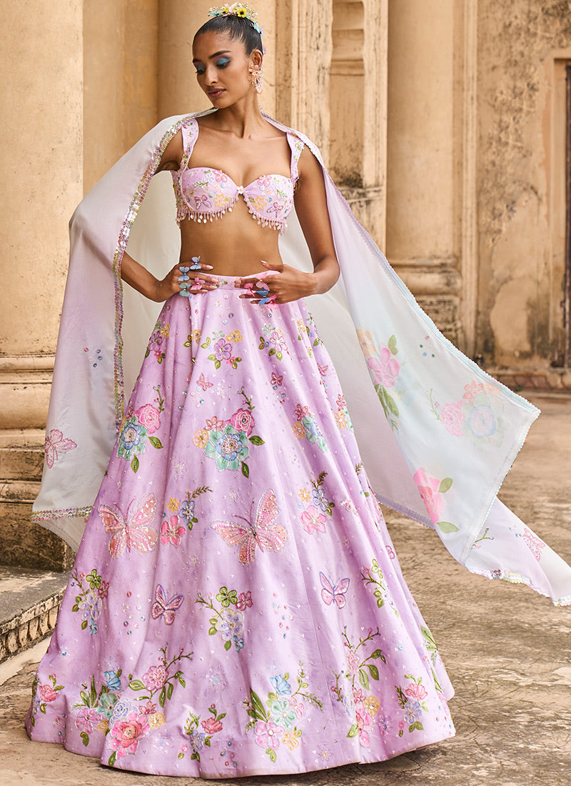 Light Purple Embellished Velvet Lehenga